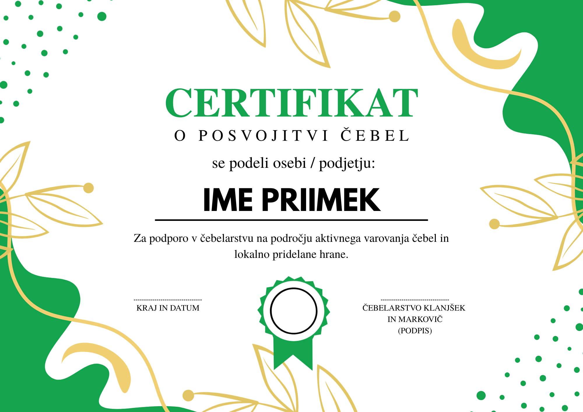 Certifikat o posvojitvi čebel.